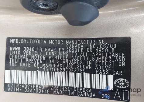 2009 Toyota Corolla Le из США, поврежденный, VIN 2T1BU40E29C073759